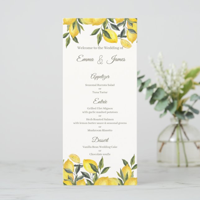 Cartão de Menu de Casamento Personalizado Lemon It (Em pé/Frente)