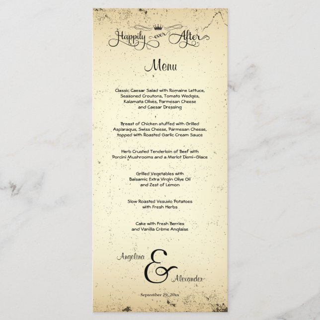 Cartão de Menu de Casamento Personalizável Storyli (Frente)