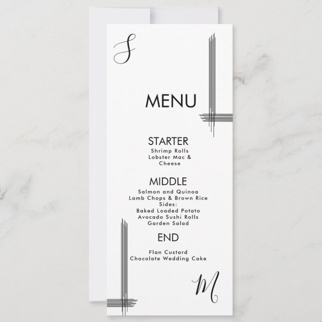 Cartão de Menu de Casamento Preto e Branco com Lin (Frente)