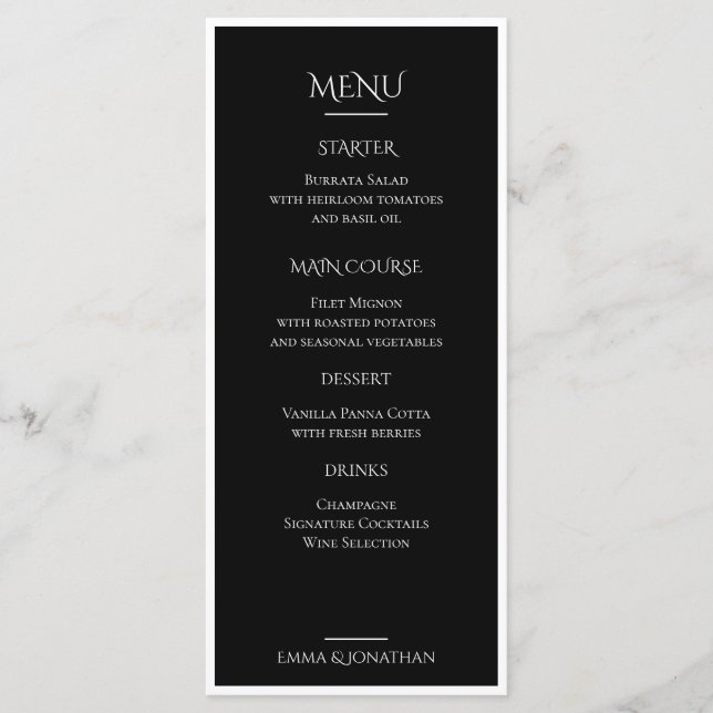 Cartão de Menu de Casamento Preto e Branco Elegant (Frente)