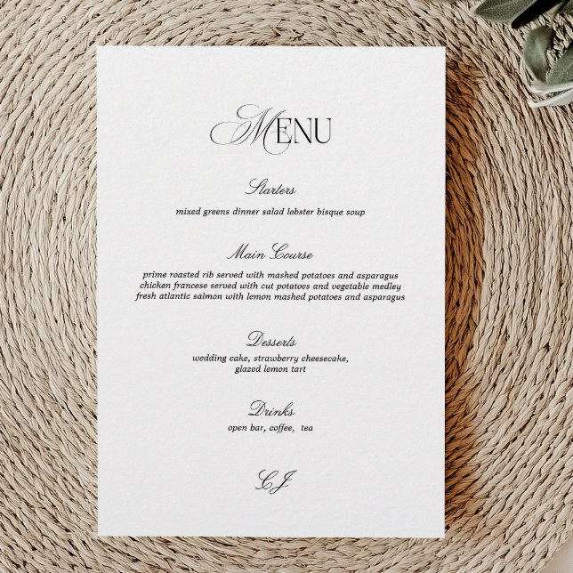 Cartão de Menu de Casamento Preto e Branco Elegant (Criador carregado)