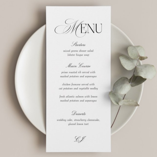 Cartão de Menu de Casamento Preto e Branco Elegant (Criador carregado)