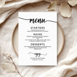 Cartão de Menu de Casamento Preto e Branco Elegant