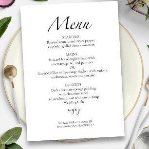 Cartão de Menu de Casamento Preto e Branco em Letr
