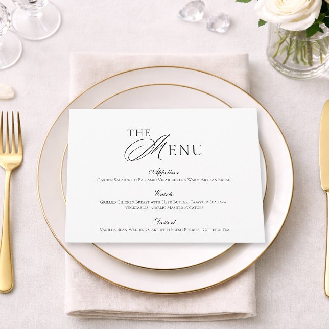 Cartão de Menu de Casamento Preto e Branco Minimal (Criador carregado)