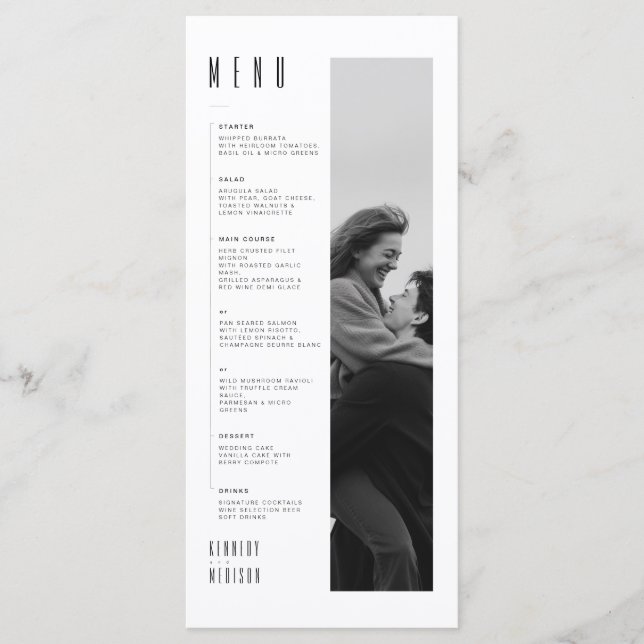 Cartão de Menu de Casamento Preto e Branco Minimal (Frente)