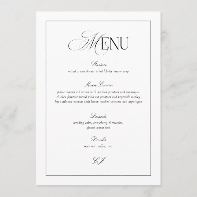 Cartão de Menu de Casamento Preto e Branco Old Mon (Frente)