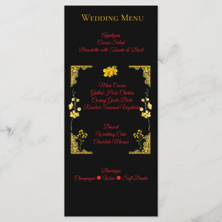 Cartão de Menu de Casamento Preto e Dourado