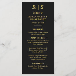 Cartão de Menu de Casamento Preto e Dourado de Lux