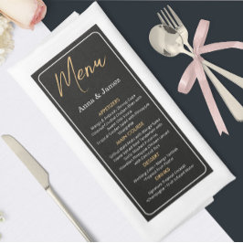 Cartão de Menu de Casamento Preto e Dourado Elegan