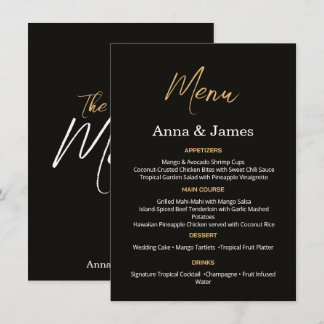 Cartão de Menu de Casamento Preto e Dourado Elegan