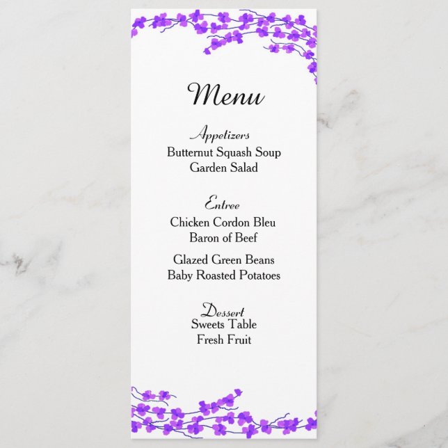 Cartão de Menu de Casamento Purple Blossoms (Frente)