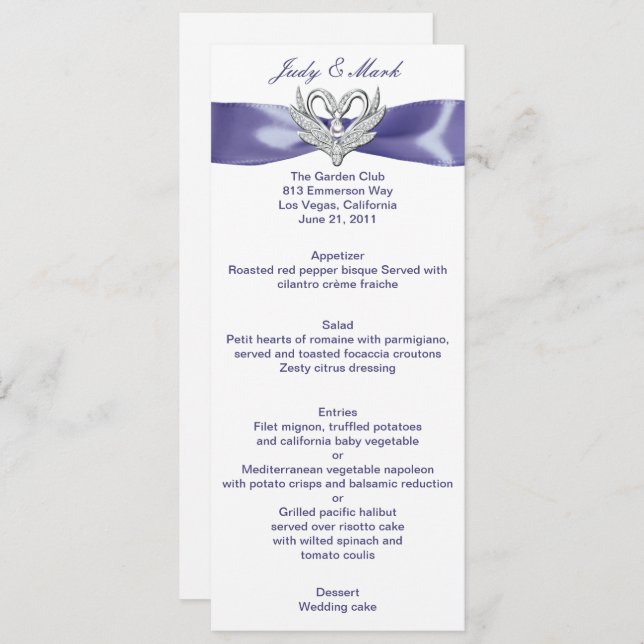 Cartão de Menu de Casamento Púrpura Blue Silver Sw (Frente/Verso)