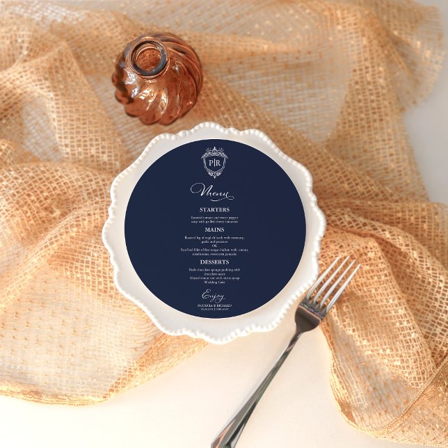 Cartão de Menu de Casamento Redondo Azul Marinho M (Criador carregado)
