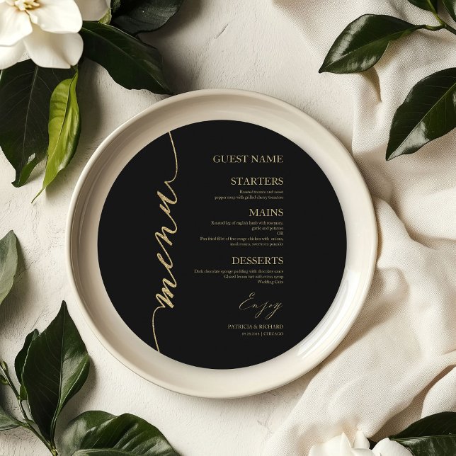 Cartão de Menu de Casamento Redondo com Letra Eleg (Criador carregado)