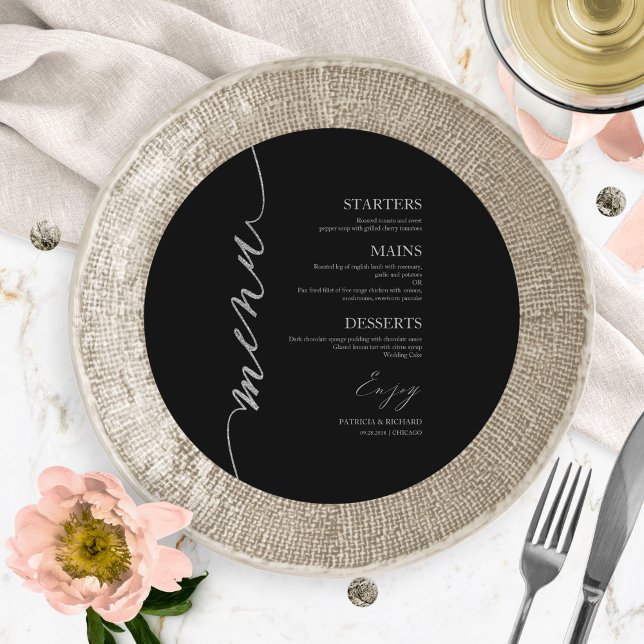 Cartão de Menu de Casamento Redondo com Letra Rebu (Criador carregado)
