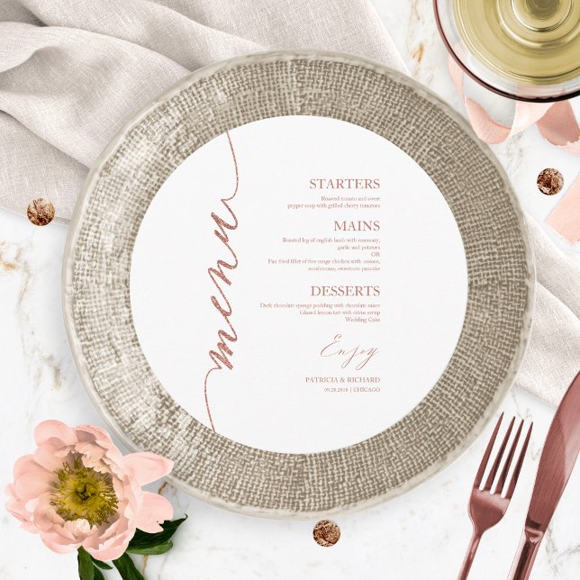 Cartão de Menu de Casamento Redondo com Letra Rebu (Criador carregado)
