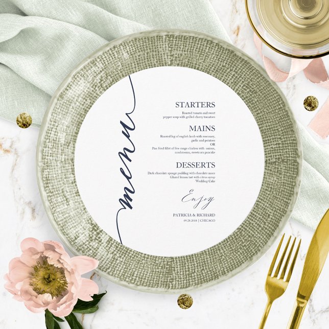 Cartão de Menu de Casamento Redondo com Letra Rebu (Criador carregado)