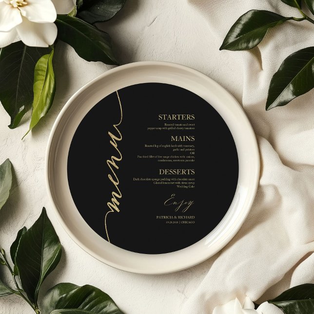 Cartão de Menu de Casamento Redondo com Letra Rebu (Criador carregado)
