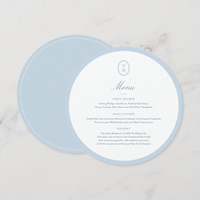 Cartão de Menu de Casamento Redondo com Monograma  (Frente/Verso)