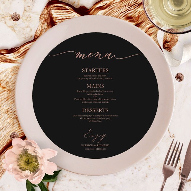 Cartão De Menu De Casamento Redondo De Script Chic (Criador carregado)