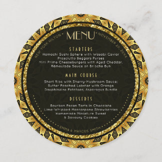 Cartão de Menu de Casamento Redondo Dourado Tribal