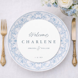 Cartão de Menu de Casamento Redondo Francês Azul E