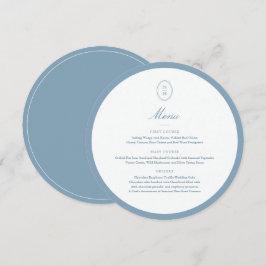 Cartão de Menu de Casamento Redondo Monograma Azul