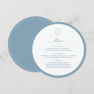 Cartão de Menu de Casamento Redondo Monograma Azul