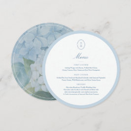 Cartão de Menu de Casamento Redondo Monograma Azul