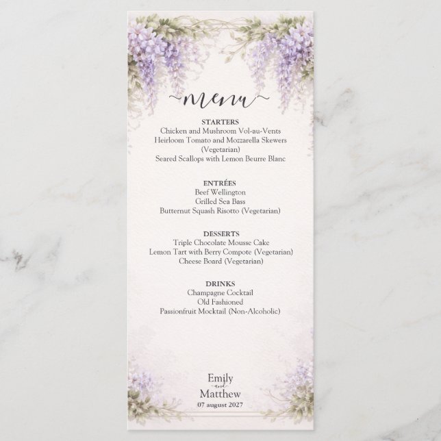 Cartão de Menu de Casamento Regency Wisteria (Frente)