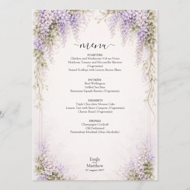 Cartão de Menu de Casamento Regency Wisteria (Frente)
