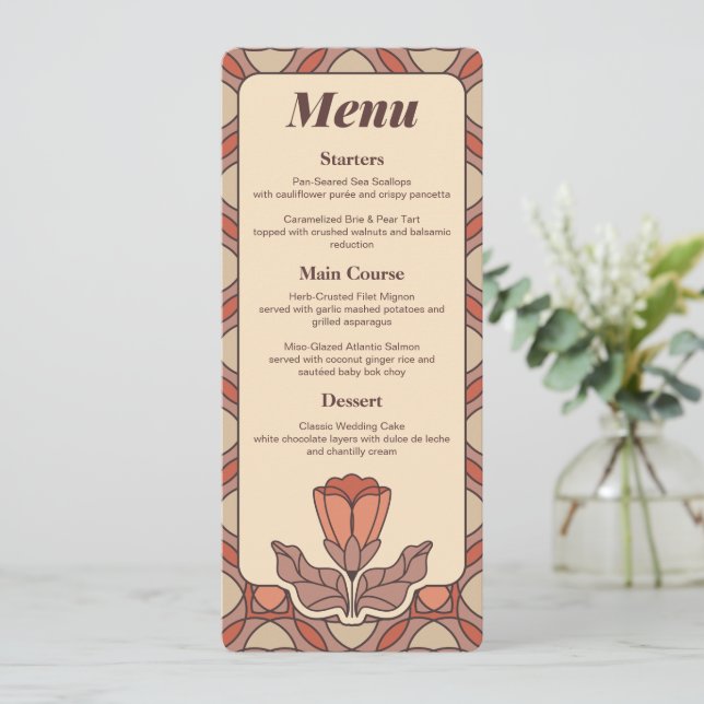 Cartão de Menu de Casamento Retro Art Nouveau (Em pé/Frente)
