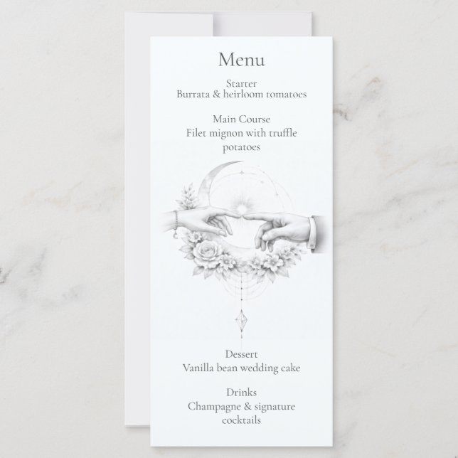Cartão de Menu de Casamento Romântico com Design M (Frente)