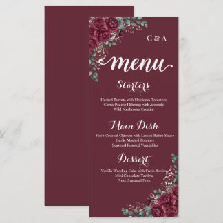 Cartão de Menu de Casamento Rosa Borgonha Eucalipt