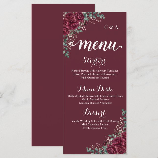Cartão de Menu de Casamento Rosa Borgonha Eucalipt (Frente/Verso)