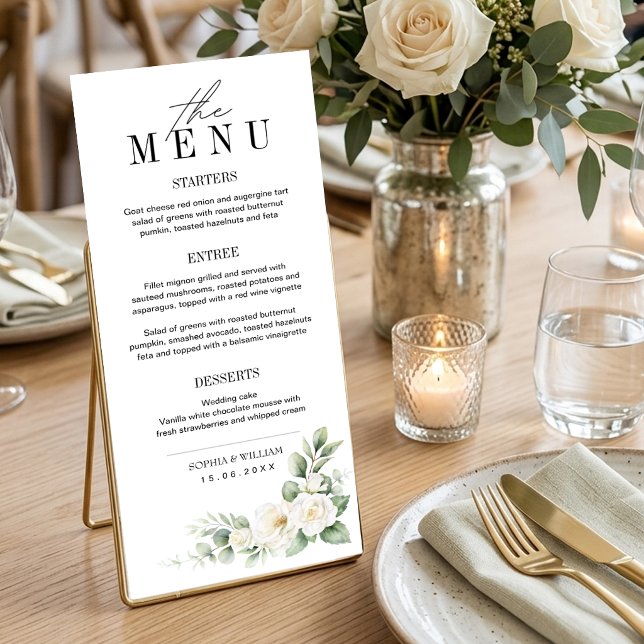 Cartão de Menu de Casamento Rosa Branca e Folhagen (Criador carregado)