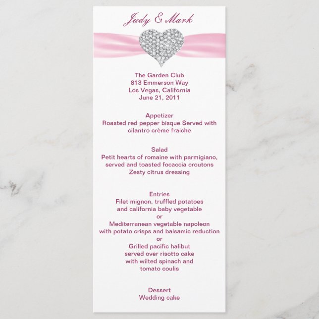 Cartão de Menu de Casamento Rosa de Coração Diaman (Frente)