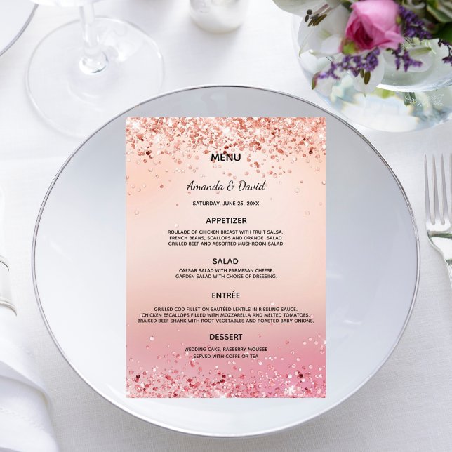 Cartão de menu de casamento rosa dourado confete (Criador carregado)
