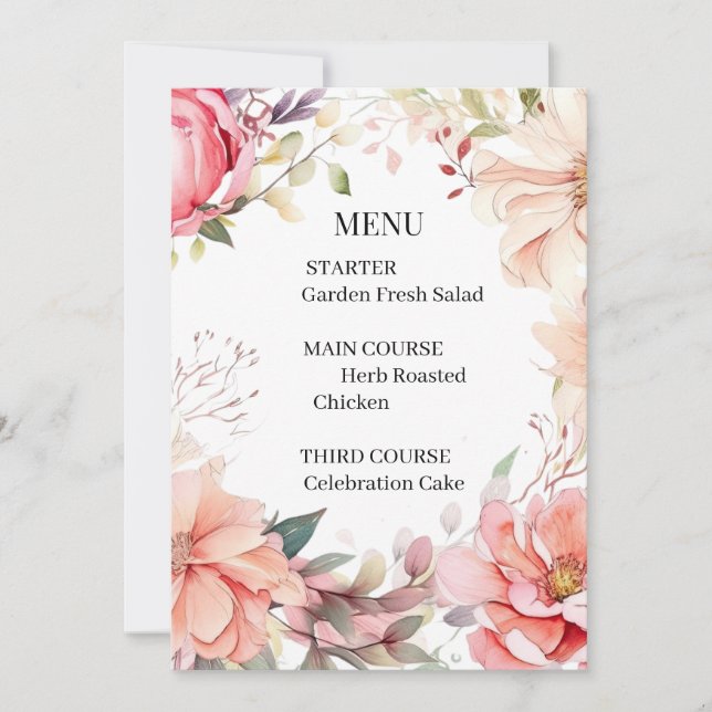 Cartão de Menu de Casamento Rosa Romântica (Frente)