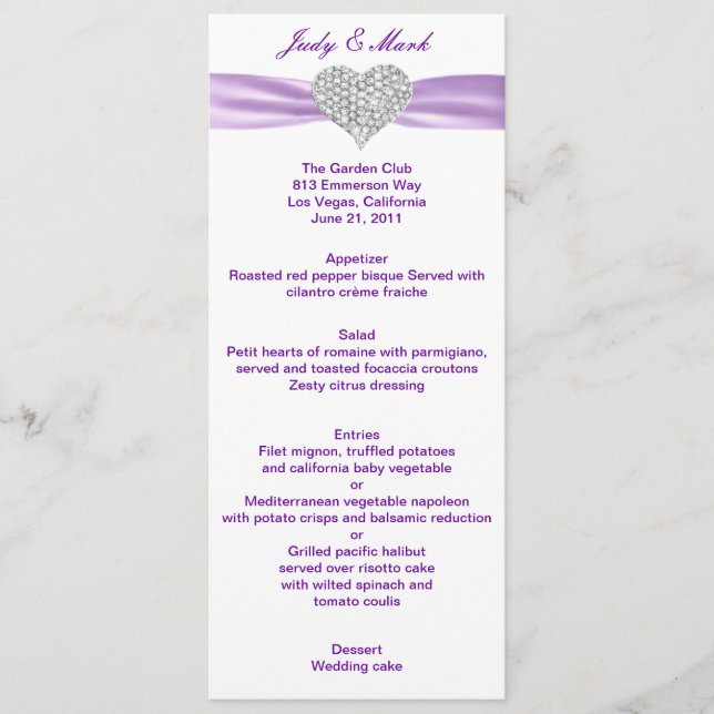 Cartão de Menu de Casamento Roxo do Coração Diaman (Frente)