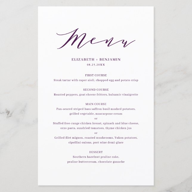 Cartão de Menu de Casamento Roxo do Script Dacil M (Frente)