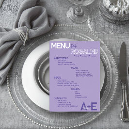 Cartão de Menu de Casamento Roxo e Prata com Nomes