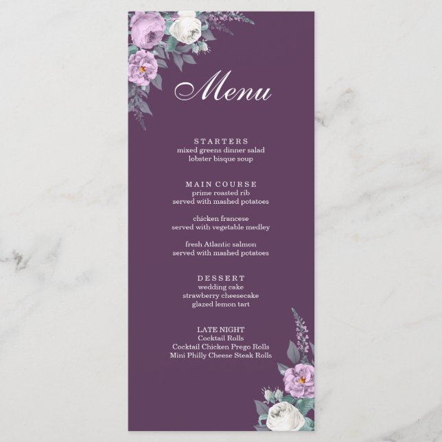 Cartão de Menu de Casamento Roxo Escuro (Frente)