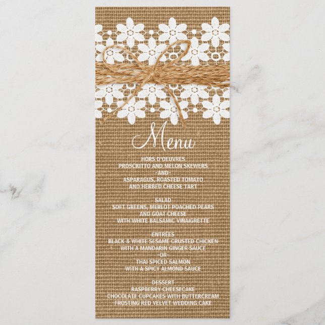 Cartão de Menu de Casamento Rustic Lace and Burlap (Frente)