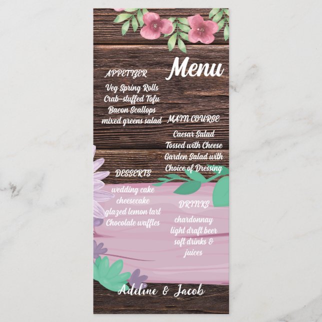 Cartão de menu de casamento Rustic Wooden floral (Frente)