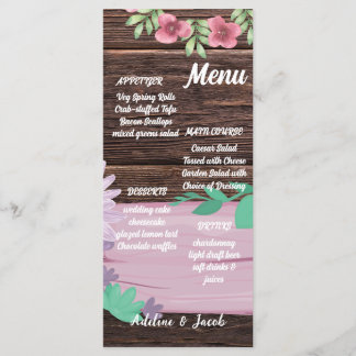 Cartão de menu de casamento Rustic Wooden floral