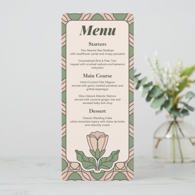 Cartão de Menu de Casamento Sage Green Art Nouveau (Em pé/Frente)