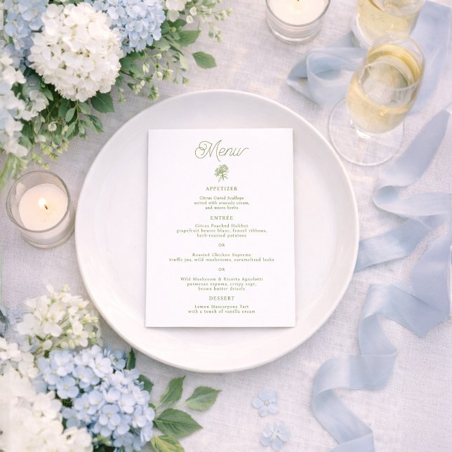 Cartão de Menu de Casamento Sage Green Hydrangea 5 (Criador carregado)