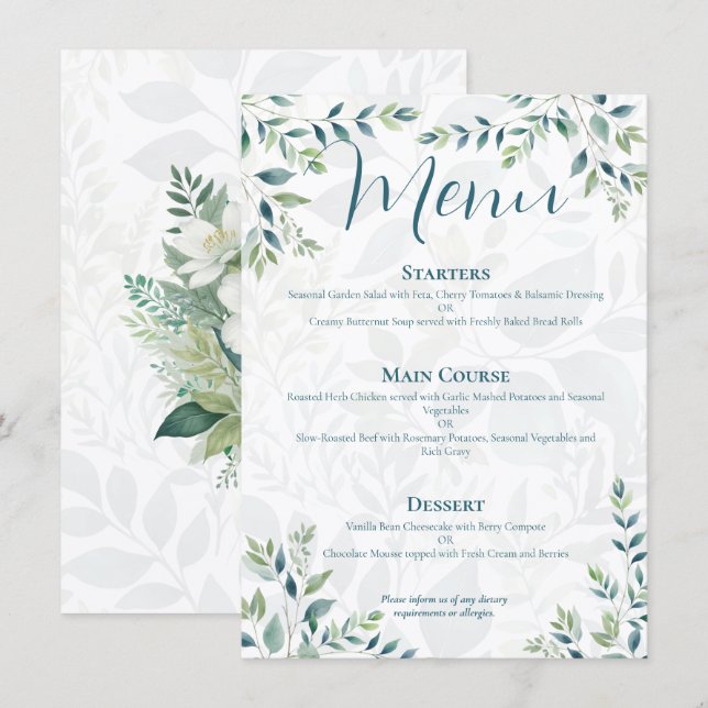 Cartão de Menu de Casamento Sage Verde Eucalipto M (Frente/Verso)